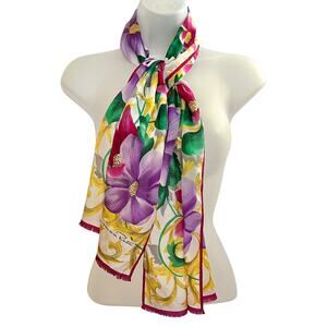 Oscar de la Renta Vintage Baroque Floral Metallic Gold Crepe de Chine Silk Scarf